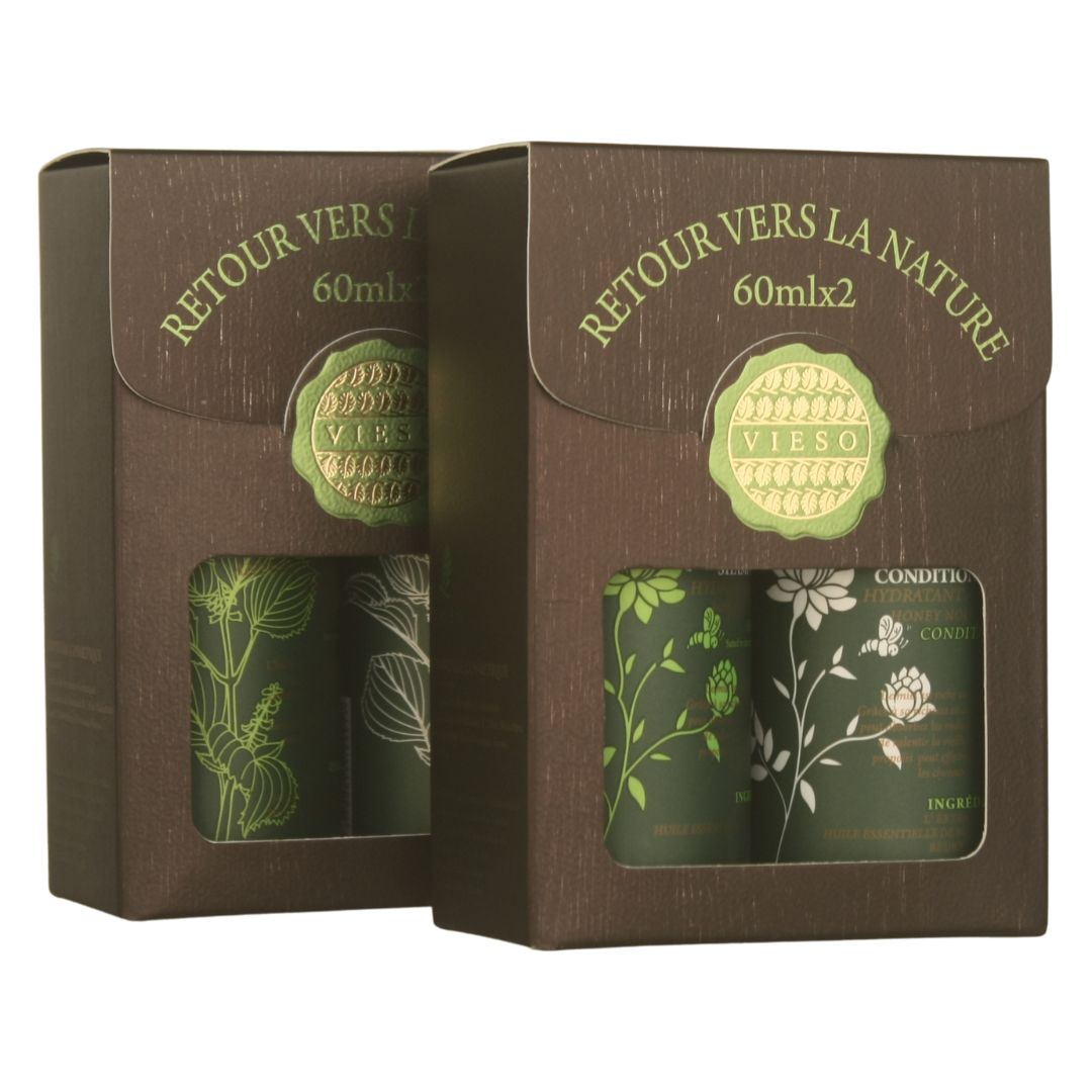 Matkapakkaus 2x60 ml Ylang Ylang- värihiuksille kosteuttava ja korjaava tuotelinja.